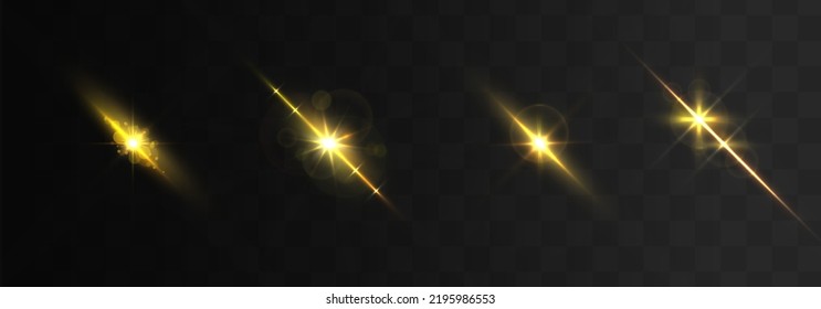 Blurred sequins set. Lens glints or camera flash. Effect glare, yellow explosion. Golden bokeh lights glitter. Blur sun flash with rays spotlight. Glowing line, sunrise, shining gold stars. Vector