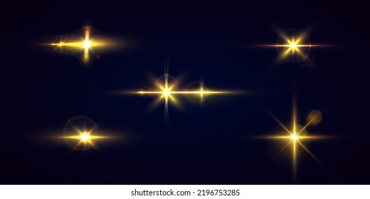 Blurred sequins set. Lens glints or camera flash. Effect glare, yellow explosion. Golden bokeh lights glitter. Blur sun flash with rays spotlight. Glowing line, sunrise, shining gold stars. Vector