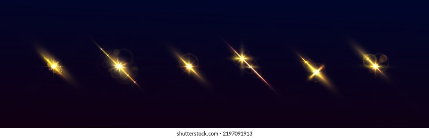 Blurred sequins set. Lens glints or camera flash. Effect glare, yellow explosion. Golden bokeh lights glitter. Blur sun flash with rays spotlight. Glowing line, sunrise, shining gold stars. Vector