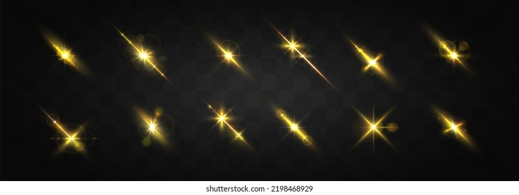 Set unscharfer Sequenzen. Linsen oder Kamera-Blitz. Effektblase, gelbe Explosion. Golden Bokeh Lichter glitzern. Die unscharfe Sonne blinkt mit Lichtstrahlen. Glühende Linie, Sonnenaufgang, leuchtende goldene Sterne. Vektorgrafik