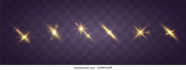 Blurred sequins set. Lens glints or camera flash. Effect glare, yellow explosion. Golden bokeh lights glitter. Blur sun flash with rays spotlight. Glowing line, sunrise, shining gold stars. Vector