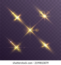Blurred sequins set. Lens glints or camera flash. Effect glare, yellow explosion. Golden bokeh lights glitter. Blur sun flash with rays spotlight. Glowing line, sunrise, shining gold stars. Vector