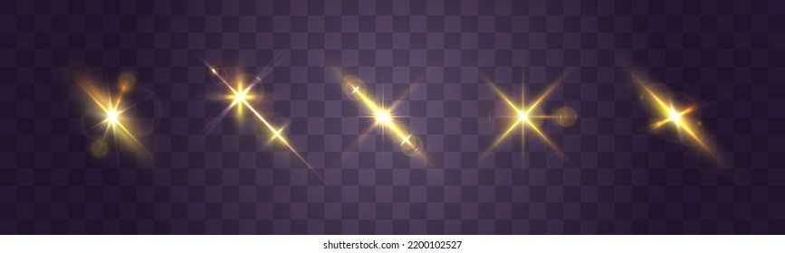 Blurred sequins set. Lens glints or camera flash. Effect glare, yellow explosion. Golden bokeh lights glitter. Blur sun flash with rays spotlight. Glowing line, sunrise, shining gold stars. Vector