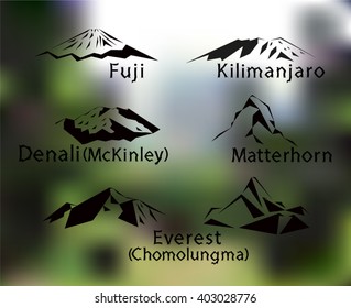  Blurred set of five mountains peaks of world. Matterhorn. Kilimanjaro. Fuji. Denali. Everest. Eps 10.