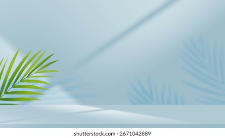 Sombra borrosa de la hoja de palma verde, luz solar suave en el interior azul de la pared. Fondo abstracto mínimo para el diseño de verano del producto, cosmético, publicidad del balneario, promoción natural del cuidado de la piel, Plantilla creativa
