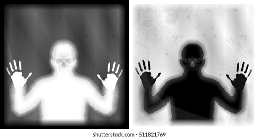 Blurred shadow of a man with a skull of a face behind the glass with spots. Showing two versions with black and white background can be used with any text or image on a white or black background.