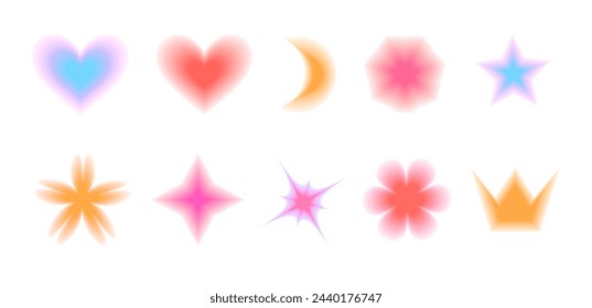 Blurred shapes of heart, flower and star. Yellow moon and crown aura in y2k style. Retro symbols with color gradation.