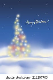 Blurred shiny Christmas balls forming a Christmas tree in winter landscape, merry Christmas greeting card, vector illustration