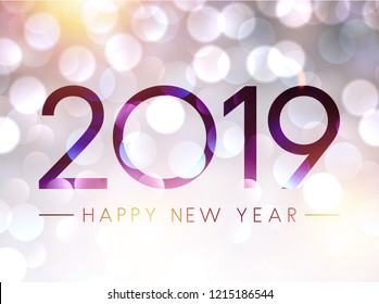 Blurred shiny Happy New Year 2019 poster with bokeh backdrop. Vector background.
