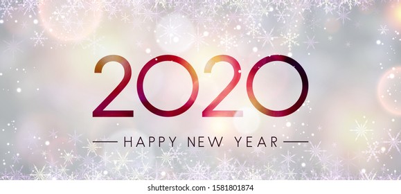 Blurred shiny Happy New Year 2020 banner with snowflakes and bokeh backdrop. Vector background.