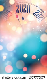 Blurred shiny New Year 2020 greeting card with clock. Festive decoration. Vector background.
