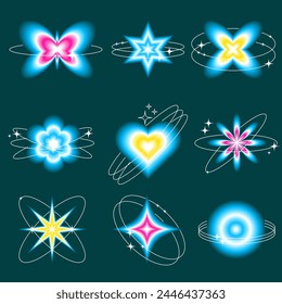 Blurred signs in Y2k style with linear shapes orbits and stars. Blurred Heart, Circle, Butterfly, Star, Flower. Modern minimalist design element with blur gradients vector set.