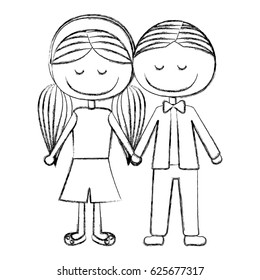 blurred silhouette caricature boy short hair and girl pigtails hairstyle with taken hands vector illustration