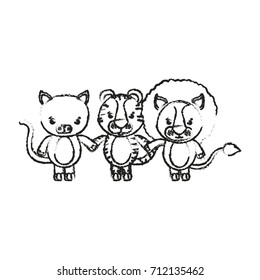 blurred silhouette caricature cat tiger and lion cute animals holding hand vector illustration