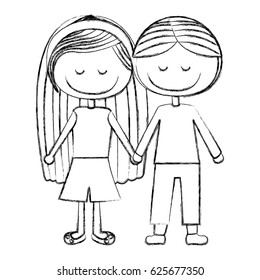 blurred silhouette caricature couple with eyes closed and taken hands vector illustration