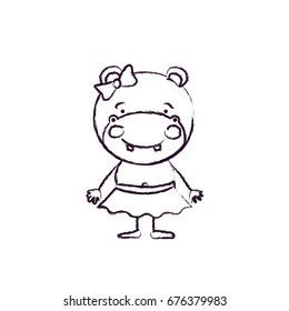 blurred silhouette caricature of cute expression female hippo in skirt with bow lace vector illustration