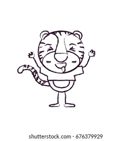 blurred silhouette caricature of cute tiger expression and sticking out tongue in t-shirt vector illustration