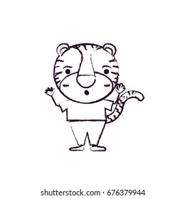 blurred silhouette caricature of cute tiger astonished expression in clothes vector illustration