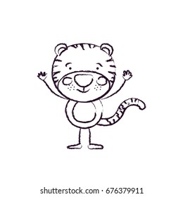 blurred silhouette caricature of cute tigger happiness expression with hands up vector illustration