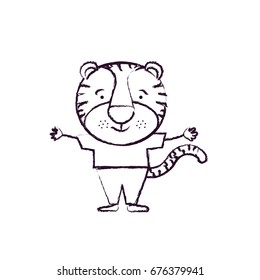 blurred silhouette caricature of cute tigger happiness expression with hands open in clothes vector illustration