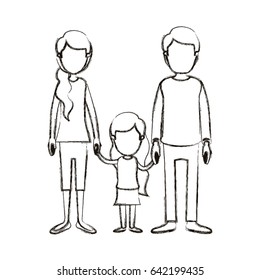 blurred silhouette caricature faceless family with young father and mom with side ponytail hair with little girl taken hands vector illustration