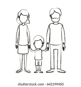 blurred silhouette caricature faceless family with father bearded and mom with short hair with little boy taken hands vector illustration