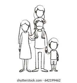 blurred silhouette caricature faceless family parents with girl on his back and boy taken hands vector illustration