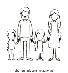 blurred silhouette caricature faceless family with parents and little kids taken hands vector illustration