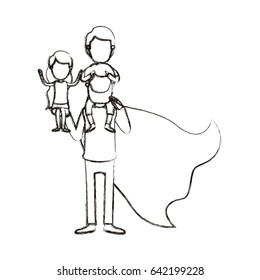 blurred silhouette caricature faceless full body super dad hero with girl on his hand and boy on his back vector illustration