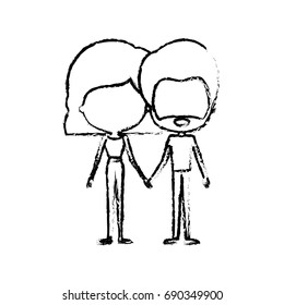 blurred silhouette of caricature faceless thin couple in clothes of bearded man and woman with wavy short hairstyle holding hands vector illustration