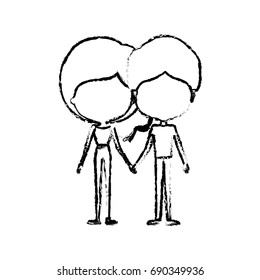blurred silhouette of caricature faceless thin couple in clothes of young man and woman with short hairstyle holding hands vector illustration
