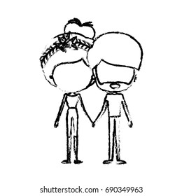 blurred silhouette of caricature faceless thin couple of bearded man and woman bun collected hairstyle with flower crown and holding hands vector illustration