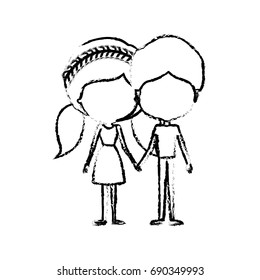 blurred silhouette of caricature faceless thin couple in clothes of young man and woman with double pigtails braided hairstyle holding hands vector illustration