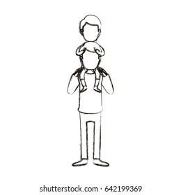 blurred silhouette caricature faceless young father with boy on his back vector illustration