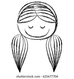 blurred silhouette caricature front face girl with pigtails hairstyle and eyes closed vector illustration