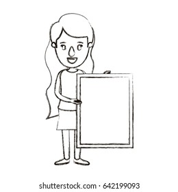 blurred silhouette caricature full body woman holding a square poster vector illustration