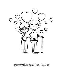 blurred silhouette of caricature full body elderly couple embraced with floating hearts grandfather in walking stick and grandmother with collected hair and glasses vector illustration