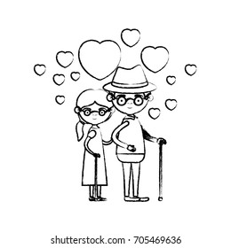 blurred silhouette of caricature full body elderly couple embraced with floating hearts grandfather with hat in walking stick and grandmother with side ponytail hair and glasses vector illustration