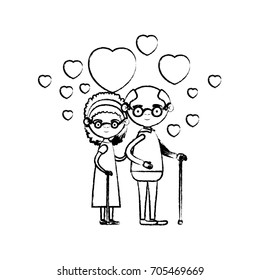 blurred silhouette of caricature full body elderly couple embraced with floating hearts grandfather with glasses in walking stick and grandmother with bow lace and curly hair vector illustration