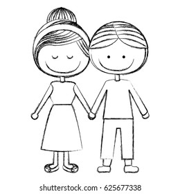 blurred silhouette caricature man with informal suit and woman collected hairstyle with taken hands vector illustration