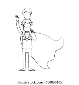 blurred silhouette cartoon full body faceless super dad hero with boy on his back vector illustration