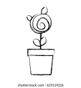 blurred silhouette drawing small rose with leaves and stem in flowerpot vector illustration