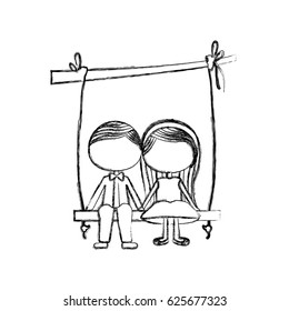 blurred silhouette faceless caricature guy in formal suit and girl with long hair sit in swing hanging from a branch vector illustration