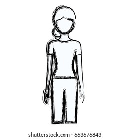 blurred silhouette faceless front view woman with pants and collected hair vector illustration