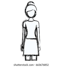 blurred silhouette faceless front view woman with skirt and collected hairstyle vector illustration