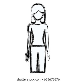 blurred silhouette faceless front view woman with pants and short hair vector illustration