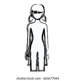 blurred silhouette faceless front view girl naked body with pigtails hairstyle vector illustration