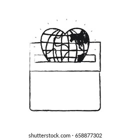 blurred silhouette front view flat globe earth world in heart shape depositing in a carton box vector illustration