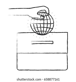 blurred silhouette front view hand with flat globe earth world chart depositing in a carton box vector illustration