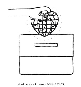 blurred silhouette front view hand with flat globe earth world in heart shape depositing in a carton box vector illustration